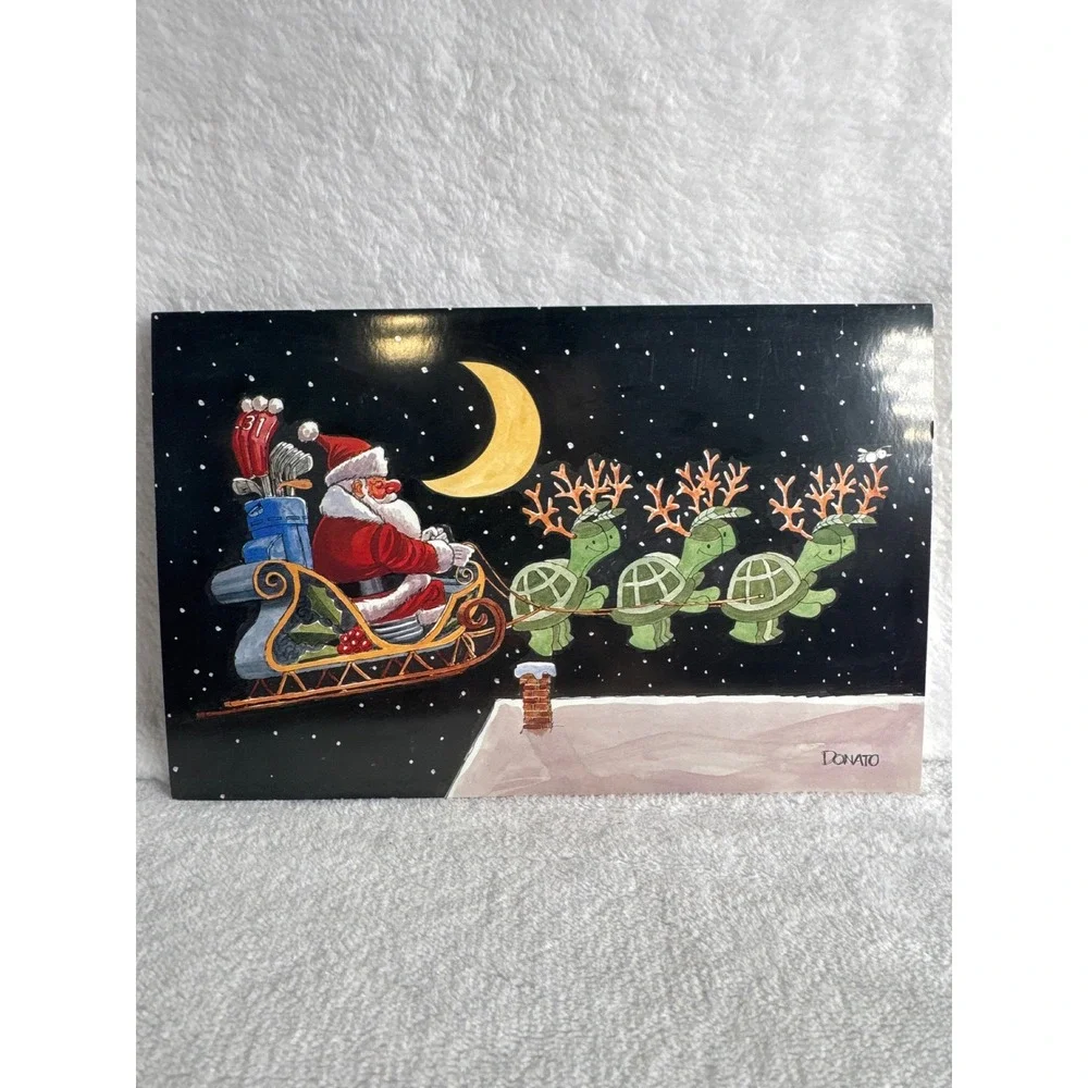 Vintage Donato Christmas Card Santa Sleigh Turtles Golf Unisex OS Black Like New